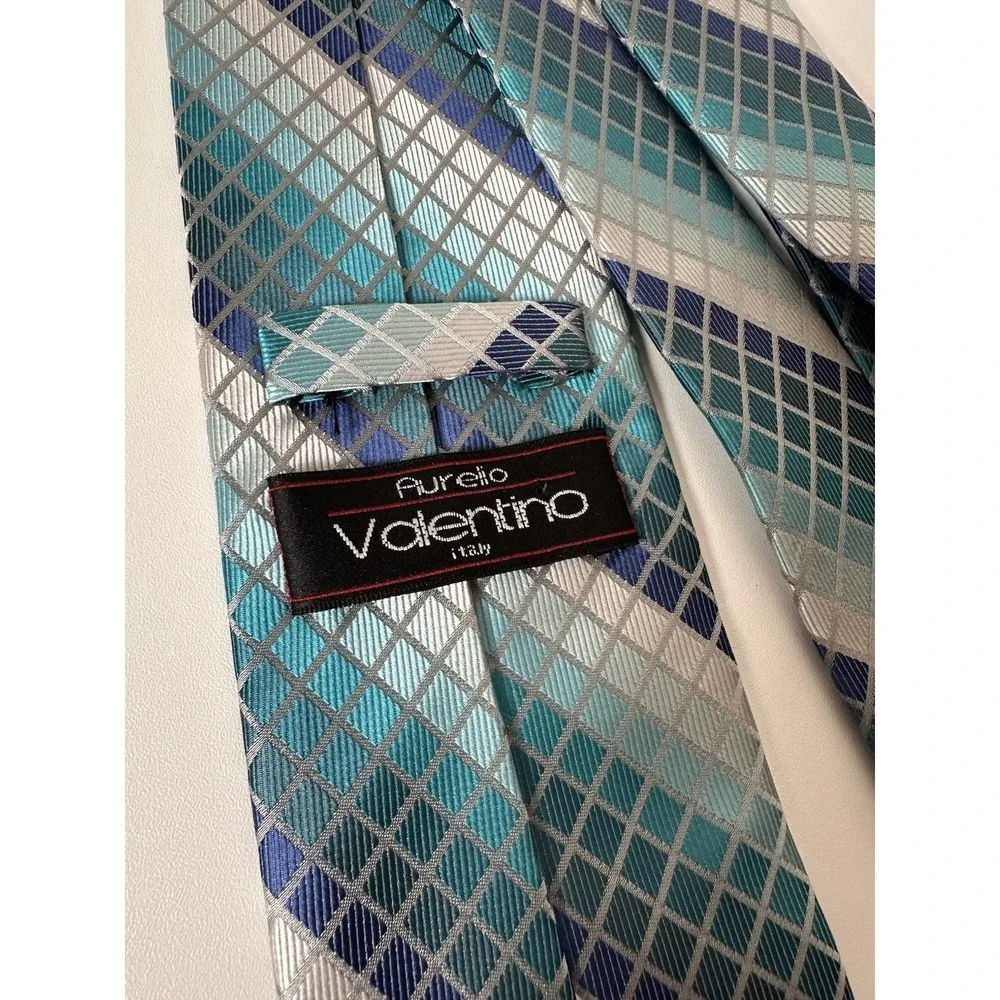 Aurelio Valentino Polyester Formal Necktie Blue Silver‎ Checker Pattern